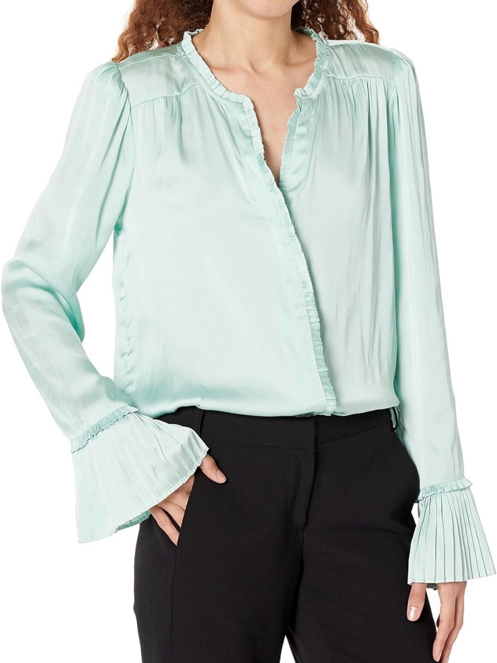 PAIGE Mint Green Ruffle-Trim V-Neck Blouse